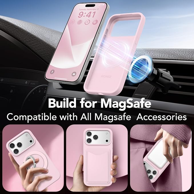 GONEZ Magnetic for iPhone 17 Pro Case, Compatible with MagSafe, [Screen Protector + Camera Lens Protector], Liquid Silicone Anti-Scratch Shockproof Protective Phone Case 6.3 inch, Pastel Pink