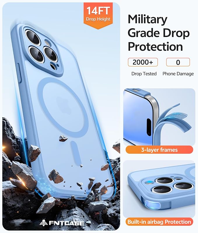 FNTCASE for iPhone 14 Pro Case: [Compatible with Magsafe] Translucent Matte Cases with [Full Camera Protection] [Screen Protector] Military Grade Shockproof Protective Phone Cover - Light Blue