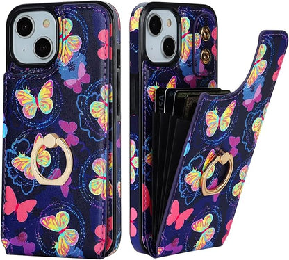 HAOPINSH for iPhone 13/ iPhone 14 Wallet Case with Card Holder, 360°Rotation Ring Kickstand, Pink Butterfly Pattern, RFID Blocking Leather for Girls Women, Double Buttons Flip Cover 6.1"