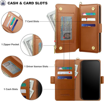 Antsturdy Compatible with iPhone 14 Wallet Case RFID Blocking,PU Leather Phone Case Women Men Flip Shockproof Cover with Wrist Strap Zipper pocket Credit Card Holder Slots,for Apple 14 6.1"Light Brown