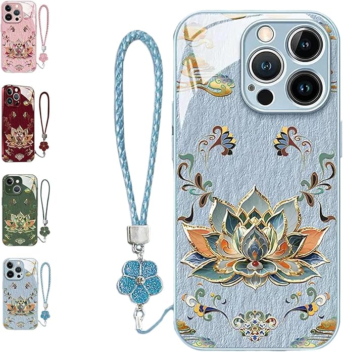 Dunhuangs Lotus Lanyard Hard Case for iPhone 17/16/15/14/13 Pro Max, Dunhuangs Lotus Hard Case, All-Inclusive Lens Design Phone Cases (Blue,12)