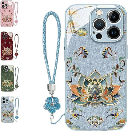 Dunhuangs Lotus Lanyard Hard Case for iPhone 17/16/15/14/13 Pro Max, Dunhuangs Lotus Hard Case, All-Inclusive Lens Design Phone Cases (Blue,14Pro)