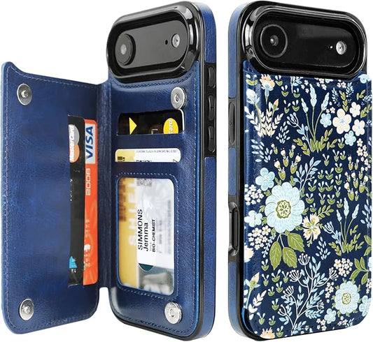 uCOLOR for iPhone 17 Air Wallet Case with Card Holder PU Leather RFID Blocking Design iPhone Air flip case for Women Men Magnetic Clasp Kickstand Design 6.5 inch (Blue Daisy)