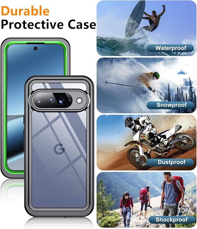 Temdan for Google Pixel 10 Pro XL Case Waterproof,Built-in Lens & Screen Protector[Full Body Shockproof][Military Dropproof][Dustproof][IP68 Underwater] for Pixel 10 Pro XL 6.8”-Green/Clear