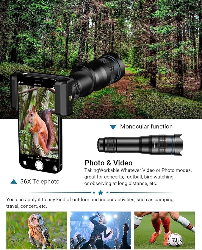 Evil eye 36X Telephoto Lens, High Power HD Telephoto Phone Lens with Tripod and Phone Clip for Android & iPhone, Samsung and Most Smartphone
