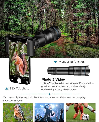 Evil eye 36X Telephoto Lens, High Power HD Telephoto Phone Lens with Tripod and Phone Clip for Android & iPhone, Samsung and Most Smartphone