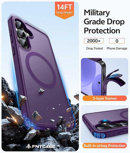 FNTCASE for Samsung Galaxy S25/S24 Case, Fit for Magsafe, Screen Protector | Translucent Matte Magnetic Back, 14FT Military Grade Drop Protection, Shockproof Protective Phone Cover, Purple