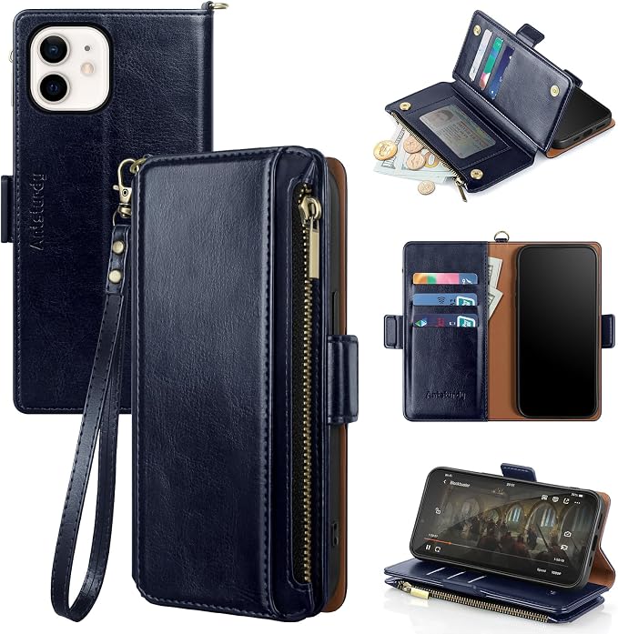 Antsturdy Compatible with iPhone 12 Wallet Case,RFID Blocking PU Leather Phone Case Women Men Kickstand Flip Cover Wrist Strap Zipper Credit Card Holder Slots,for Apple 12 Pro 6.1",Dark Blue