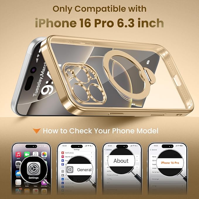 GolbinBox for iPhone 16 Pro Case with 360° Spin Magnetic Stand,[Compatible with Magsafe] [Military Protection][Built-in Ring Holder] Camera Control Phone Case for 16 Pro,Gold/Clear