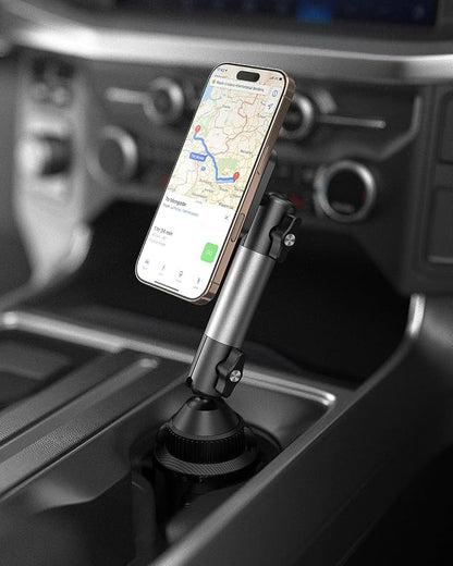 APPS2Car Heavy Duty Magnetic Cup Phone Holder Mount | Aluminum Arm | Dual Ring N55 Magnets | Fits 3"-4" Cup Holders, 20mm Ball Joint | Compatible with MagSafe iPhone, Samsung, Smartphones