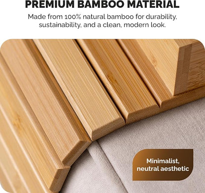 Bamboo Sofa Arm Tray Table with Cup Holder & 2 Cork Coasters, Phone Slot & Charging Cable Holder, Foldable Couch Arm Tray with Non Slip Base, Couch Cup Holder for Drinks, Remote, Snacks