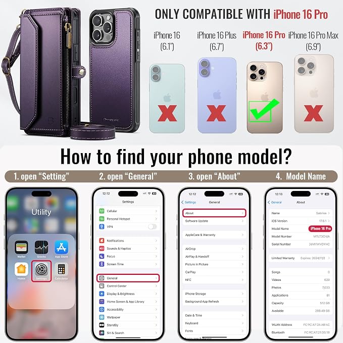 Strapurs for iPhone 16 Pro Detachable Wallet Case Compatible with Magsafe, RFID Blocking 9-Card Holder Zipper Wrist Strap Lanyard PU Leather Magnetic Phone Case for iPhone 16 Pro 6.3", Purple