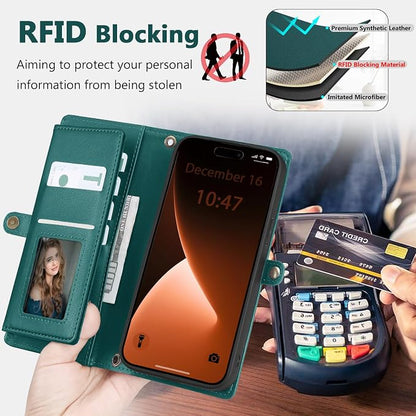 Wallet Case for iPhone 15 Pro with Card Holder/Crossbody Wallet/Strap| RFID Blocking | Magnetic | Kickstand | Detachable | PU Leather Phone Case for iPhone 15 Pro,6.1 in,Green