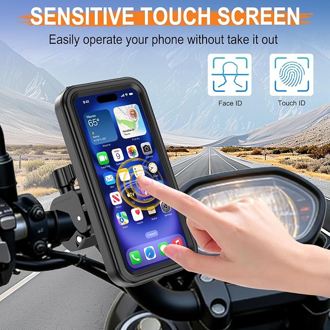 HUANLANG Motorcycle Phone Mount Anti Vibration, Waterproof Bike Phone Mount for Bicycles, Scooters, ATVs,[Dual Vibration Dampener][Upgraded Handlebar Clip] Motorcycle Phone Holder for 4-7" Cell Phones