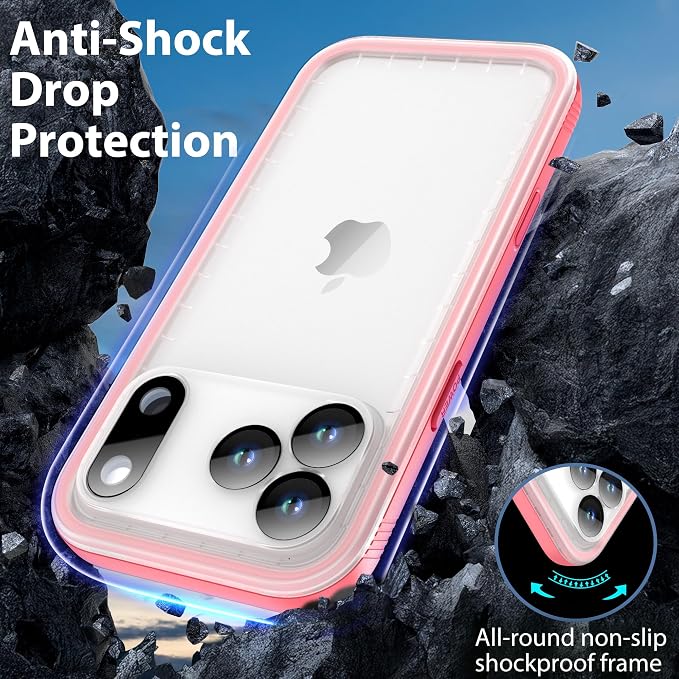 SPORTLINK for iPhone 17 Pro Waterproof Case - Built in Screen Protector Rugged/Dustproof/Full Body Shockproof/Dropproof/IP68 Underwater for iPhone 17 Pro Case 6.3 inch Pink/Frosted Clear
