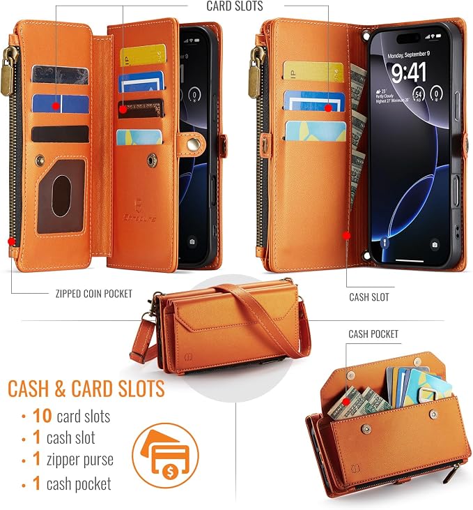 Strapurs Wallet Case Compatible with iPhone 16 Pro Max 6.9" RFID Blocking 10-Card Holder Soft PU Leather Magnetic Snap Shoulder Strap Zipper Pocket Phone Case Fit for iPhone 16 Pro Max - Orange