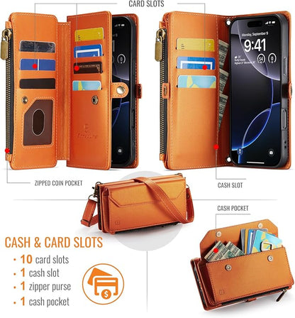 Strapurs Wallet Case Compatible with iPhone 16 Pro Max 6.9" RFID Blocking 10-Card Holder Soft PU Leather Magnetic Snap Shoulder Strap Zipper Pocket Phone Case Fit for iPhone 16 Pro Max - Orange