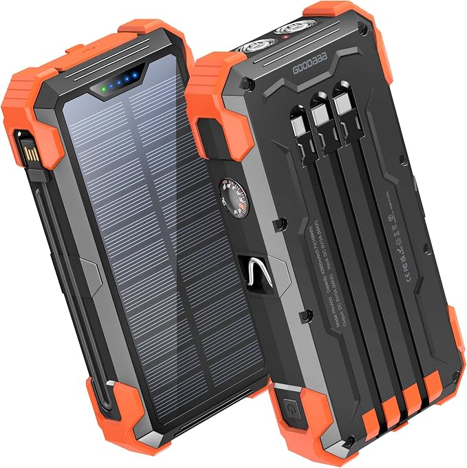 GOODaaa Portable Charger 42800mAh Built in 4 Cables and Thermometer 15W Fast Charging Power Bank Five Outputs Three Inputs Solar Charger Power Bank, SOS/Strobe/Strong Flashlights, Carabiner