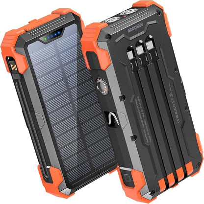 GOODaaa Portable Charger 42800mAh Built in 4 Cables and Thermometer 15W Fast Charging Power Bank Five Outputs Three Inputs Solar Charger Power Bank, SOS/Strobe/Strong Flashlights, Carabiner