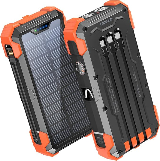 GOODaaa Portable Charger 42800mAh Built in 4 Cables and Thermometer 15W Fast Charging Power Bank Five Outputs Three Inputs Solar Charger Power Bank, SOS/Strobe/Strong Flashlights, Carabiner