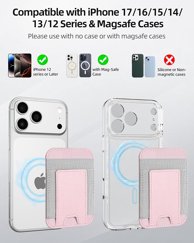 ExtreLife Upgraded for Magsafe Wallet, Stronger Magnetic Wallet for iPhone 17/16/15/14/13/12 Series, Magnetic Card Holder with 2 Card Slots, Slim, RFID Blocking, Vegan Leather, Fit 7 Cards, Pink