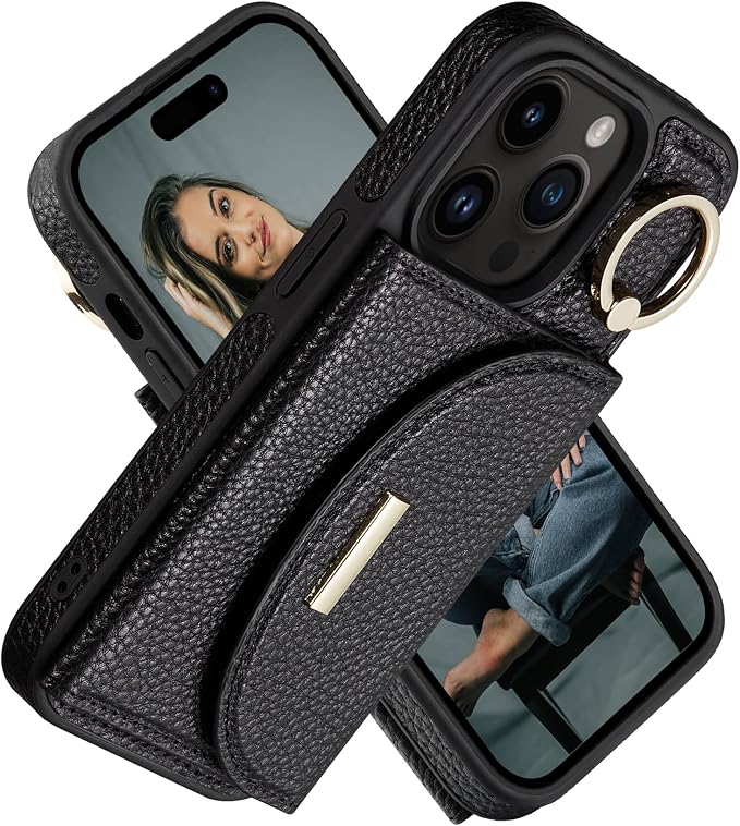Keallce Wallet Case for iPhone 14 Pro 6.1'', Flip Case with Card Slots, Ring Holder Kickstand, PU Leather Protective Folio Cover for Women, Black