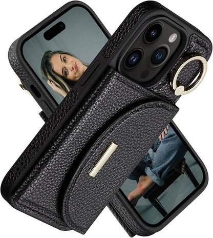 Keallce Wallet Case for iPhone 14 Pro 6.1'', Flip Case with Card Slots, Ring Holder Kickstand, PU Leather Protective Folio Cover for Women, Black