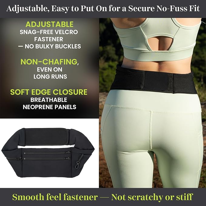 StashBandz Adjustable Running Belt - 3 Zippered Pockets + Water Bottle Holder, No-Bounce Travel Money Belt, Sports Fanny Pack, Waist Pack with Key Clip, Fits Any Size Phone, Passport & More
