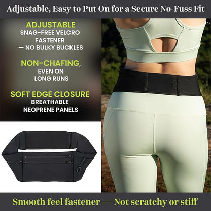 StashBandz Adjustable Running Belt - 3 Zippered Pockets + Water Bottle Holder, No-Bounce Travel Money Belt, Sports Fanny Pack, Waist Pack with Key Clip, Fits Any Size Phone, Passport & More