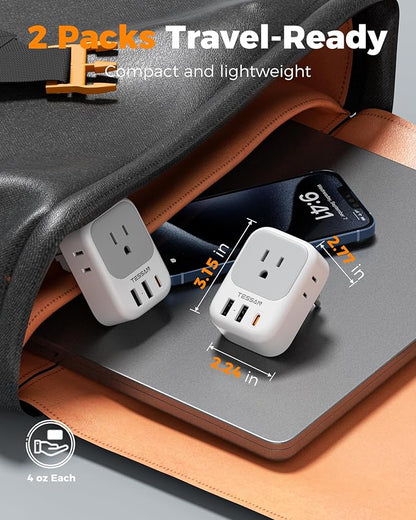 TESSAN 2 Pack Type E F Plug Adapter, Schuko Plug | 3 USB Charger (1 USB C PD 20W), 4 Outlets, Germany France Power Travel Adaptor