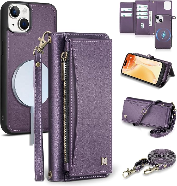 Wallet Case for iPhone 15 with Card Holder/Crossbody Wallet/Strap| RFID Blocking | Magnetic | Kickstand | Detachable | PU Leather Phone Case for iPhone 15,6.1 in,Purple