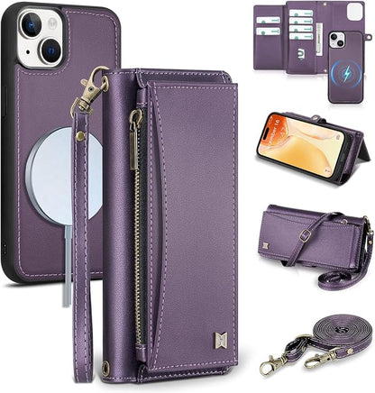 Wallet Case for iPhone 15 with Card Holder/Crossbody Wallet/Strap| RFID Blocking | Magnetic | Kickstand | Detachable | PU Leather Phone Case for iPhone 15,6.1 in,Purple