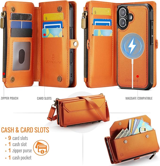 Strapurs for iPhone 16 Detachable Wallet Case Compatible with Magsafe for Women, RFID Blocking 9-Card Holder Zipper Wrist Strap Lanyard PU Leather Magnetic Phone Case for iPhone 16 6.1", Orange