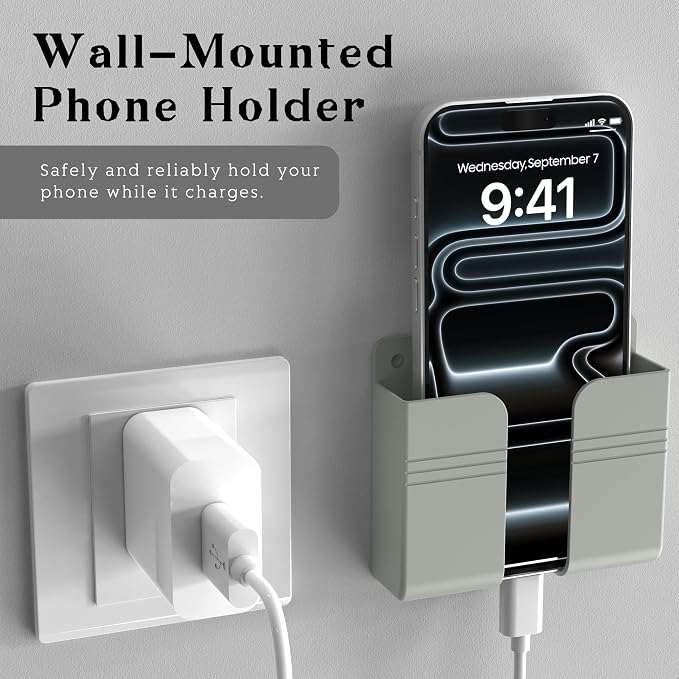 Wall Mounted Phone Holder with Adhesive, No-Drill Phone Stand for Charging, Built-in Cable Slot, Phone Holder for Bathroom, Bedroom, Kitchen, RV, Compatible with iPhone & Android, Gray
