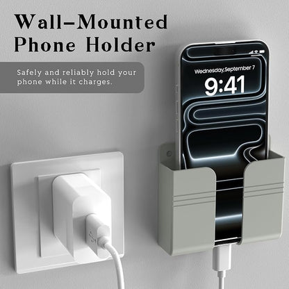 Wall Mounted Phone Holder with Adhesive, No-Drill Phone Stand for Charging, Built-in Cable Slot, Phone Holder for Bathroom, Bedroom, Kitchen, RV, Compatible with iPhone & Android, Gray