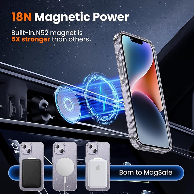 3 in 1 for iPhone 14 Case Clear with MagSafe, Not Yellowing, Screen Protector*1 Camera Lens Protector*1, Military-Grade Protection for iPhone 14 Phone Case 6.1 inch Clear Glitter