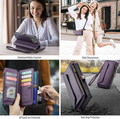 Strapurs Wallet Case Compatible with iPhone 16 Pro Max 6.9" RFID Blocking 10-Card Holder Soft PU Leather Magnetic Snap Shoulder Strap Zipper Pocket Phone Case Fit for iPhone 16 Pro Max - Purple