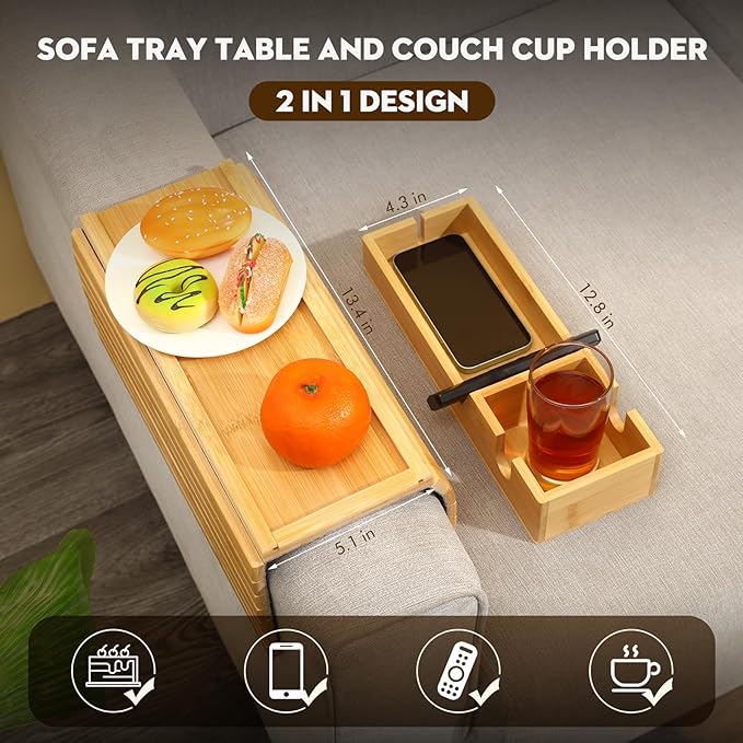 Bamboo Couch Arm Tray with Detachable Cup Holder, 2 in 1 Foldable Anti-Falling Design for Cups, Snacks, Remote, Cellphone