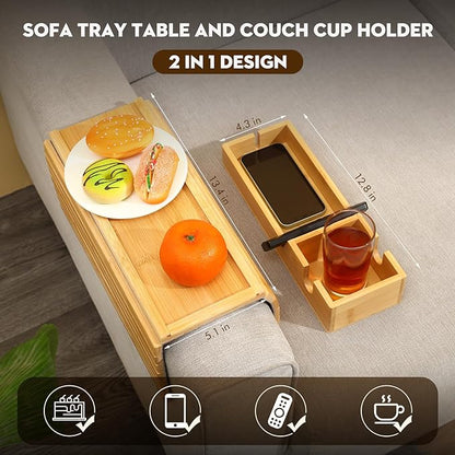 Bamboo Couch Arm Tray with Detachable Cup Holder, 2 in 1 Foldable Anti-Falling Design for Cups, Snacks, Remote, Cellphone