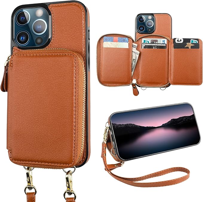 Bocasal RFID Blocking Wallet Case for iPhone 13 Pro Max, Adjustable Crossbody Zipper Purse with Kickstand and Detachable Wrist Strap, PU Leather Flip Folio Case 6.7 Inch 5G (Brown)