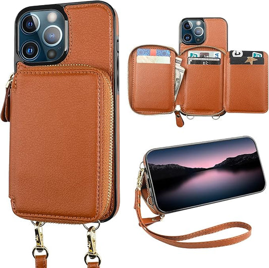 Bocasal RFID Blocking Wallet Case for iPhone 13 Pro Max, Adjustable Crossbody Zipper Purse with Kickstand and Detachable Wrist Strap, PU Leather Flip Folio Case 6.7 Inch 5G (Brown)