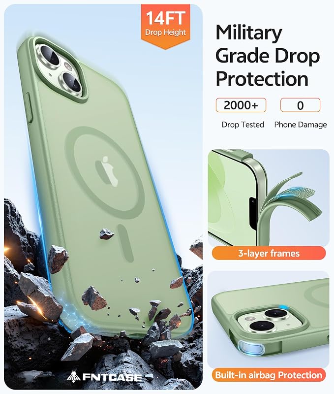 FNTCASE for iPhone 15 Plus Case: for iPhone 14 Plus Case [Compatible with Magsafe] Translucent Matte Cases with [Screen Protector] Military Grade Shockproof Protective Phone Cover - Light Moss