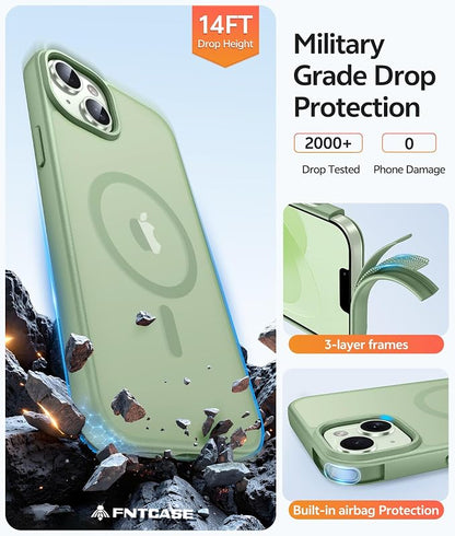FNTCASE for iPhone 15 Plus Case: for iPhone 14 Plus Case [Compatible with Magsafe] Translucent Matte Cases with [Screen Protector] Military Grade Shockproof Protective Phone Cover - Light Moss