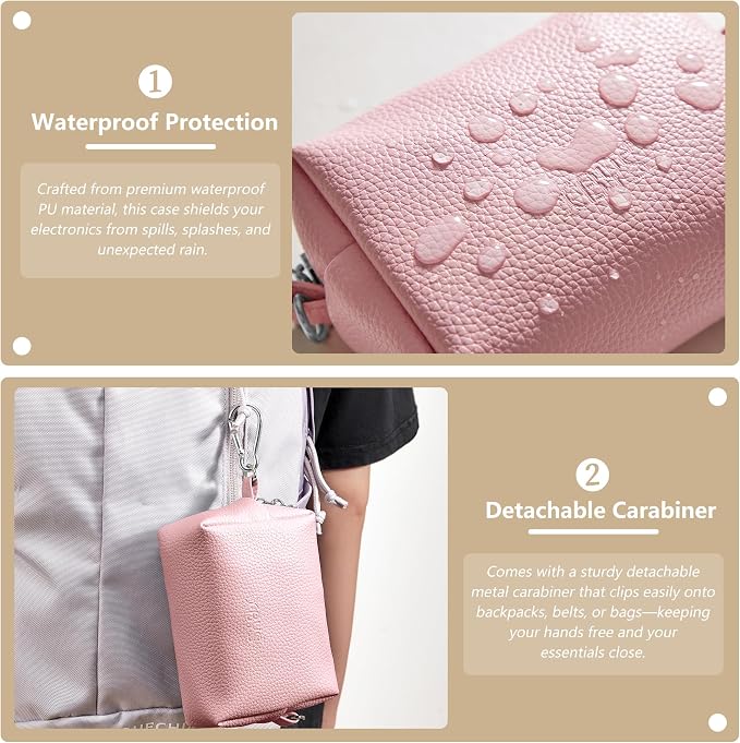 Small Tech Pouch, Waterproof Electronics Travel Case with Carabiner, Compact Cable Organizer Bags & Cases for Chargers, Power Banks, Hard Drives, Earbuds, Cords and Digital Accessories (Pink)