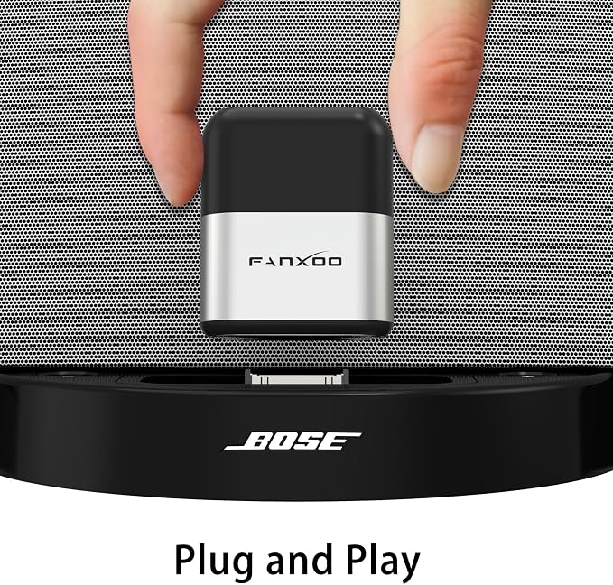 Fanxoo DockPro Bluetooth Adapter for Bose Sounddock iPod Docking 30 pin Bluetooth 5.3 Adapter Compatible for iPhone iPod Docking Station (Silver Black)
