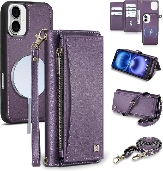 Wallet Case for iPhone 16 with Card Holder/Crossbody Wallet/Strap| RFID Blocking | Magnetic | Kickstand | Detachable | PU Leather Phone Case for iPhone 16,6.1 in,Purple