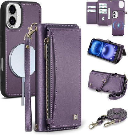 Wallet Case for iPhone 16 with Card Holder/Crossbody Wallet/Strap| RFID Blocking | Magnetic | Kickstand | Detachable | PU Leather Phone Case for iPhone 16,6.1 in,Purple
