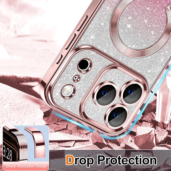 Hython for iPhone 17 Pro Case Glitter Clear Magnetic Phone Cases [Compatible with MagSafe] Full Camera Lens Protector Sparkle Luxury Plating Slim Shockproof Protective Cover Women, Gradient Pink