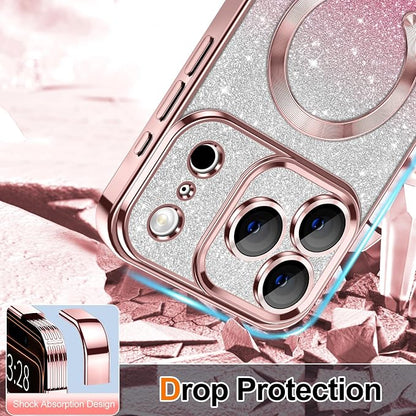 Hython for iPhone 17 Pro Case Glitter Clear Magnetic Phone Cases [Compatible with MagSafe] Full Camera Lens Protector Sparkle Luxury Plating Slim Shockproof Protective Cover Women, Gradient Pink