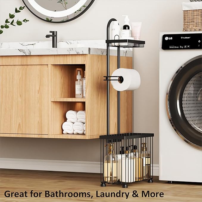 X-cosrack Freestanding Toilet Paper Holder Toilet Tissue Rack Scroll Stand Roll Dispenser with Storage Shelf Reserve for Phone Tablet Magazine Bathroom Organizer Bath Tissue Organizer (Black)